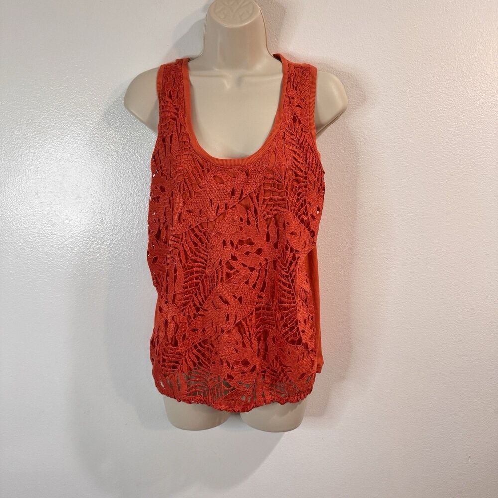 Ann Taylor LOFT Tank Top Shirt S Crochet Knit Orange Scoop Neck Layered Boho